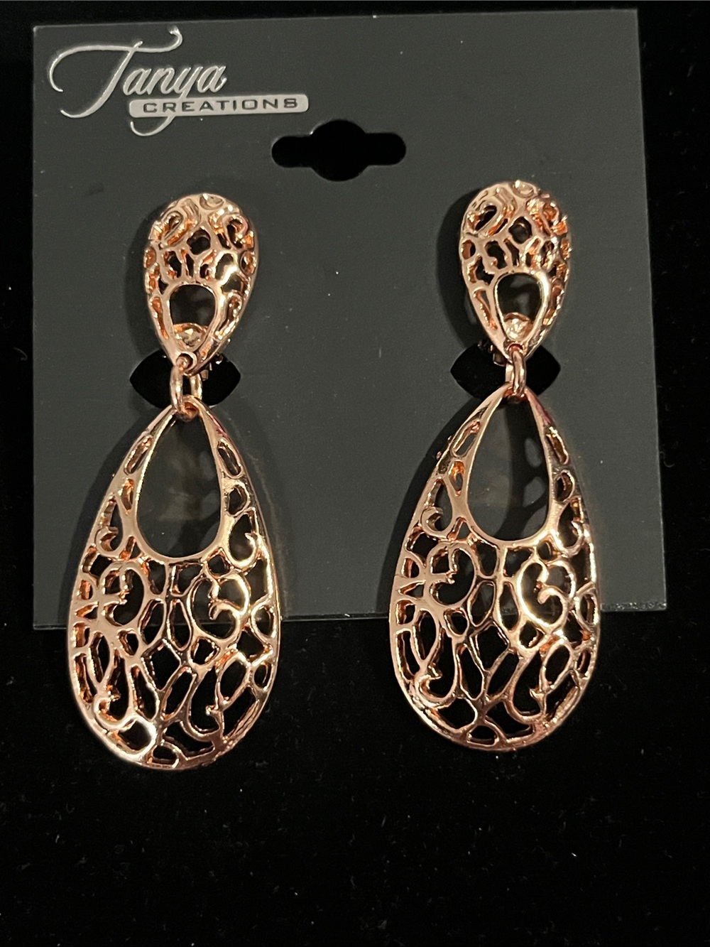 Rose Gold Filigree Teardrop Clip Earrings